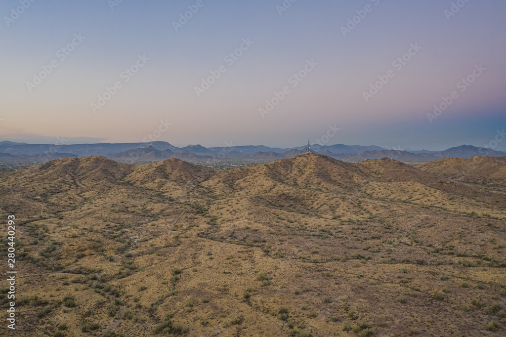 Drone image taken during the golden hour at sunset of the Sonoran Preserve north of Phoenix, Arizona.
