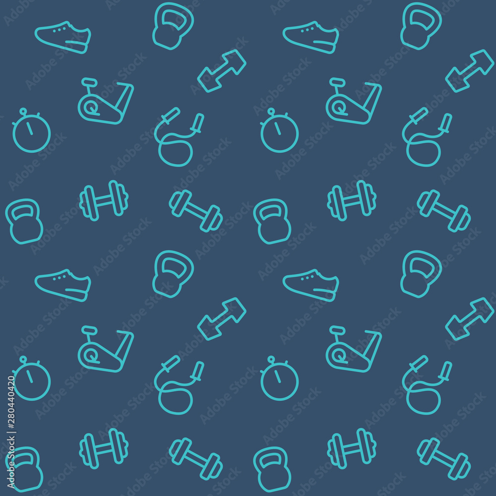 seamless pattern with gym line icons, dumbbells, kettlebells, vector background