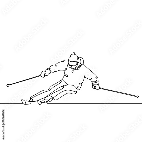 Continuous line drawing ski racer minimalist design of person doing sport on snow winter theme