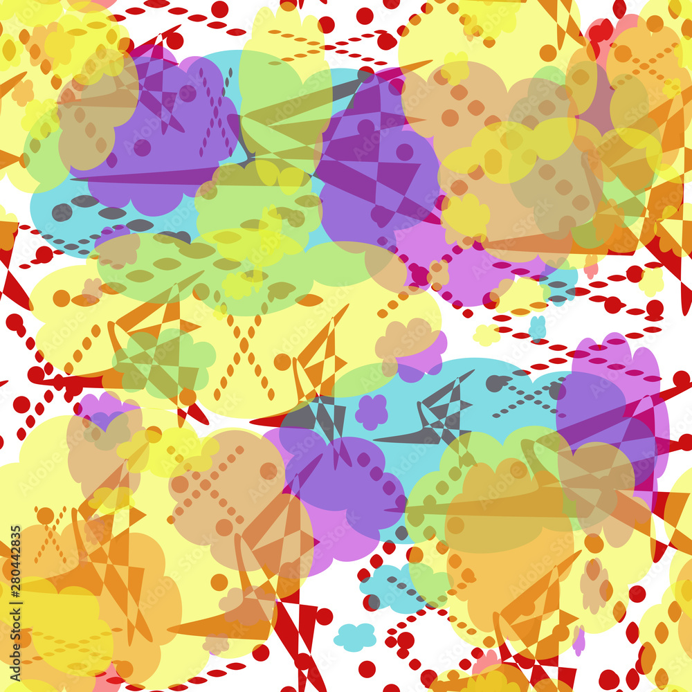 Seamless pattern of multicolored spots, lines and points. Yellow, red, turquoise, lilac abstract elements with translucency and overlapping.