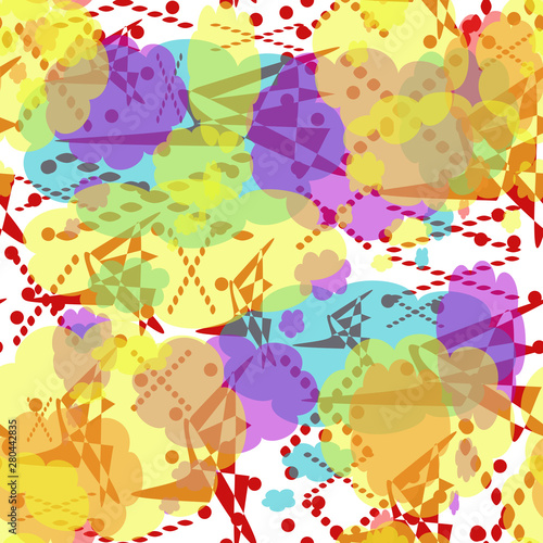 Seamless pattern of multicolored spots  lines and points. Yellow  red  turquoise  lilac abstract elements with translucency and overlapping.