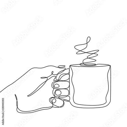 Continuous line drawing of hand holding a cup of hot coffee drink