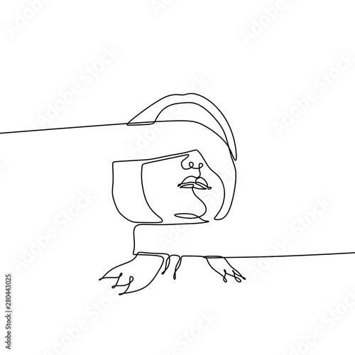 Continuous line drawing Portrait of the young woman blindfold , isolated on white background.