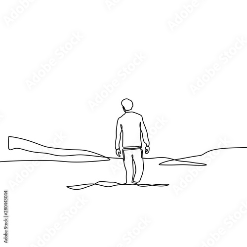 Continuous line drawing of lonely man on valley minimalism design on white background. Concept of alone person in outdoor vector illustration minimal single hand drawn