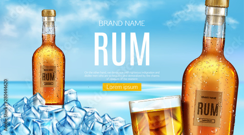 Rum bottle and glass stand of heap of ice cubes mockup banner. Closed glass flask with cold condensation water drops, strong alcohol drink mock up advertising promo ad Realistic 3d vector illustration