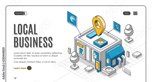 Local business isometric landing page, start up financing support service. Small shop, store or cafeteria building plan, construction project, 3d vector illustration, line art, web banner template