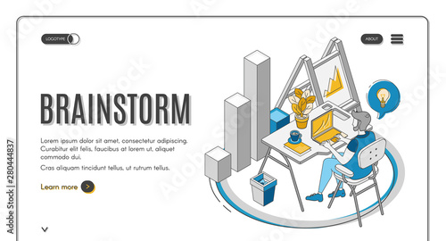 Brainstorm isometric landing page. Man sitting at desk, working on laptop, searching idea. IT company, business startup effective brainstorming online service, 3d vector illustration, banner, line art