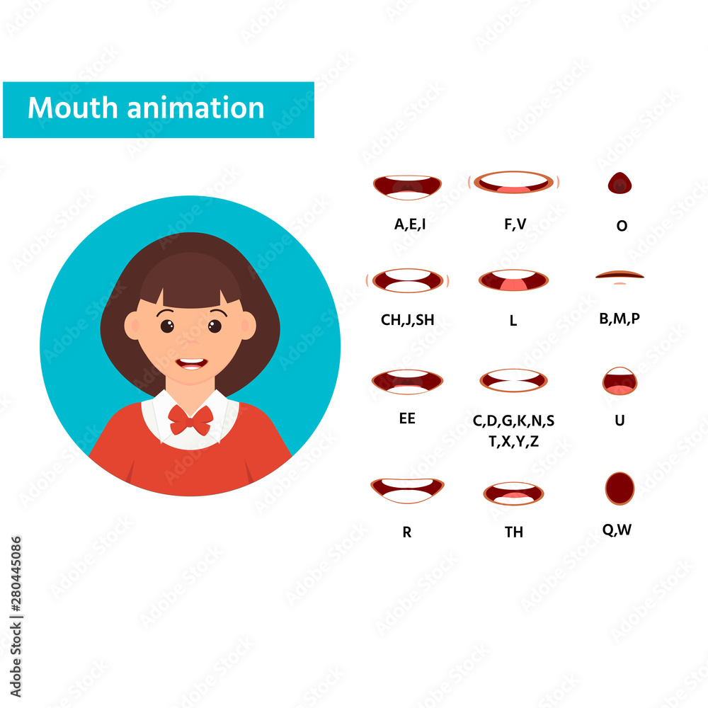 Mouth animation. Girl icon. Speaking talking mouth vector isolated set.  Phoneme mouth shapes collection for sound pronunciation. Stock Vector |  Adobe Stock
