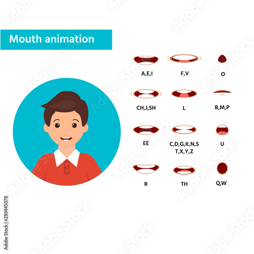 Mouth animation poster, banner with boy icon. Speaking talking mouth vector isolated set. Phoneme mouth shapes collection for sound pronunciation.