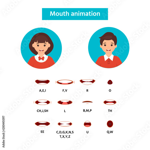 Mouth animation poster, banner. Girl and boy icon. Speaking talking mouth vector isolated set. Phoneme mouth shapes collection for sound pronunciation.
