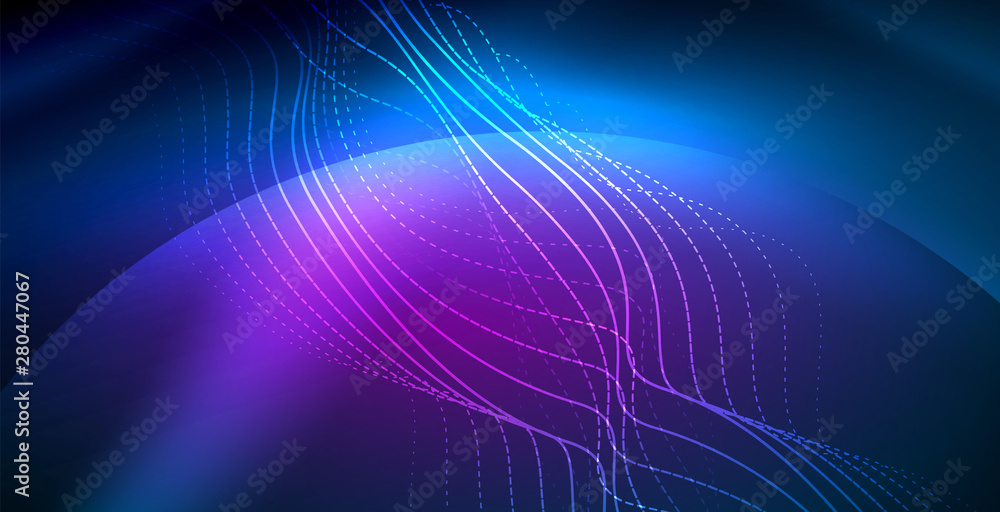 Glowing abstract wave on dark, shiny motion, magic space light. Vector techno abstract background