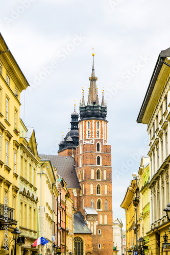 Krakow, Poland - May 21, 2019: Krakow. St. Mary's Church and market square.