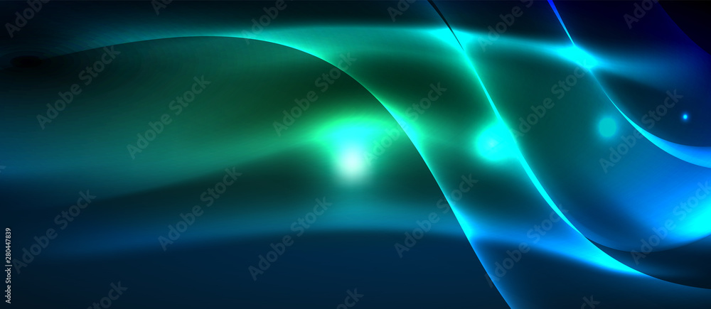 Fototapeta premium Glowing abstract wave on dark, shiny motion, magic space light. Techno abstract background
