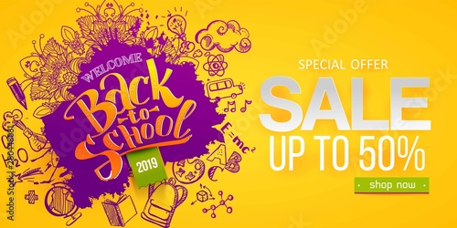 Back to school Horizontal banner with hand drawn Education doodles. Logo ink splash and paper frame and ink splash background. School ymbols background. Vector illustration