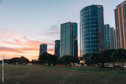 Honolulu Skyline during dramatic sunset