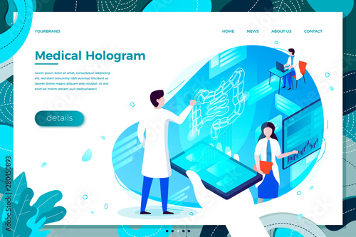 Vector illustration - esophagus health hologram help with doctor. Medicine modern bright banner, site template with place for your text.