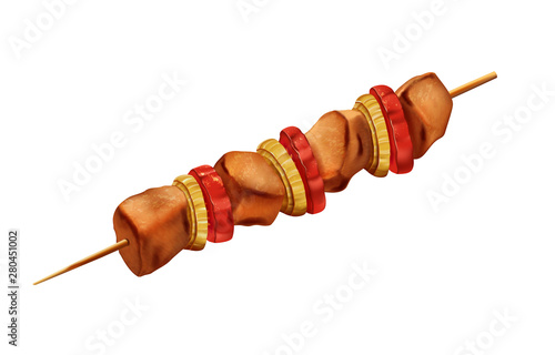 Turkish shish kebab, grilled meat with tomato and onions. Vector.