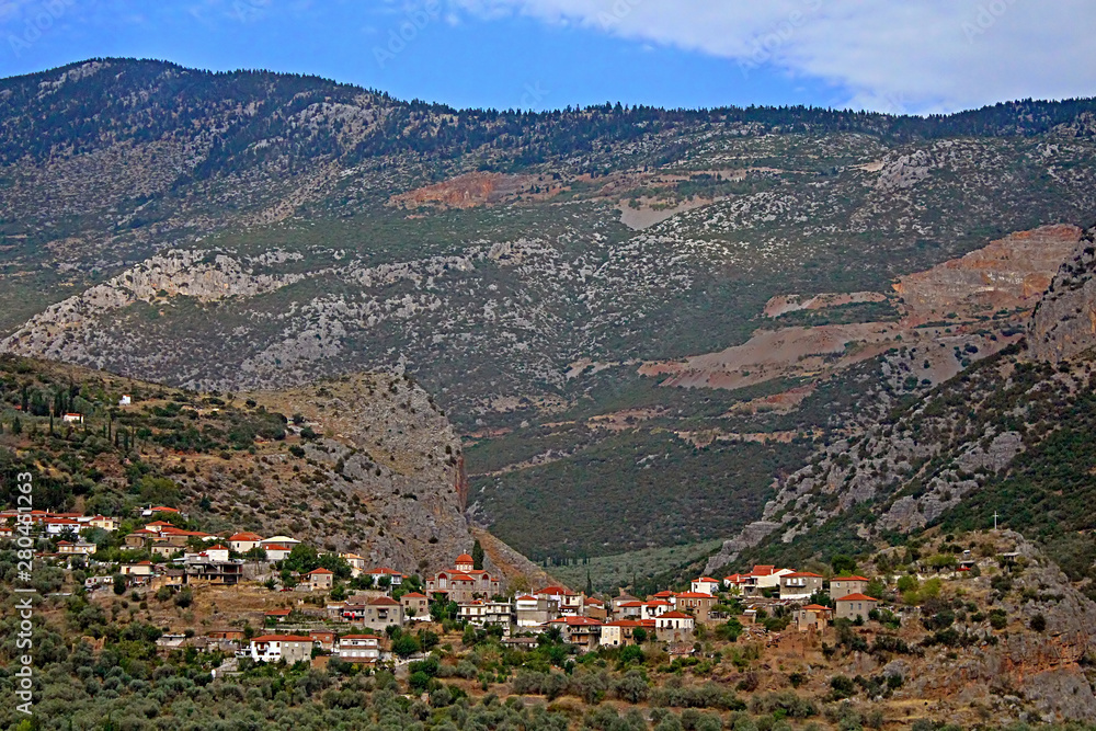 The picturesque village stretches in the valley among Parnassus mountains near Thermopylae, Greece