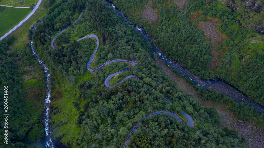 Serpantine road from the drone in Stalheim, Norway. July 2019.