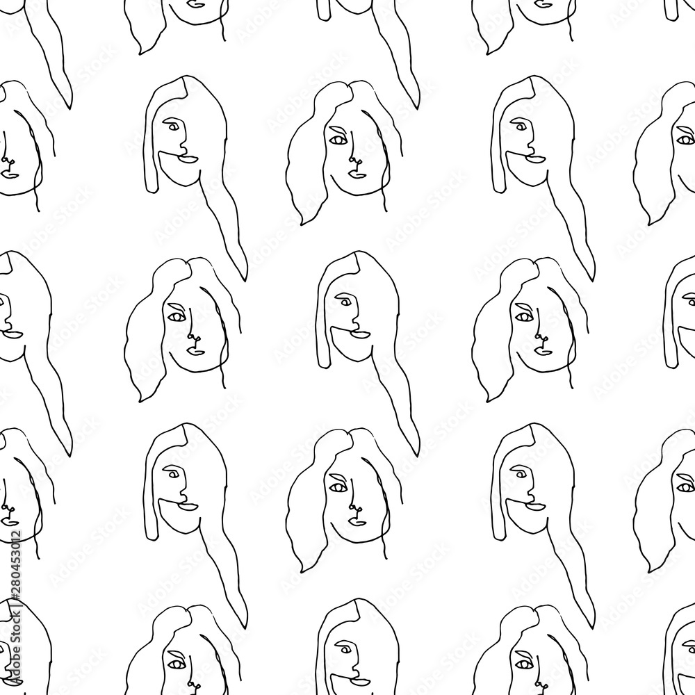 Modern seamless pattern with linear abstract woman face. Continuous line art. One line drawing. Minimalist graphic. Modern seamless pattern with linear abstract woman face. Continuous line art. One line drawing. Minimalist graphic.