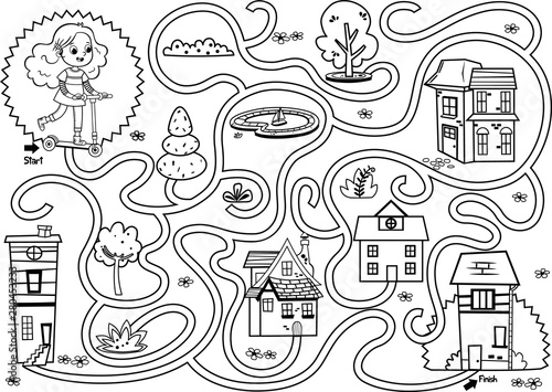 Black and white scooter girl maze game. Vector illustration.