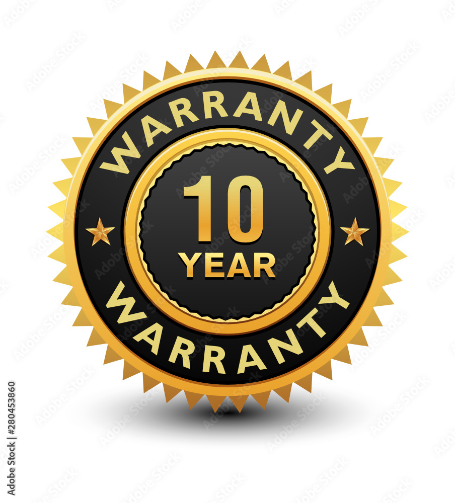 Heavy powerful 10 year warranty badge, seal, stamp, label isolated on white background. Heavy powerful 10 year warranty badge, seal, stamp, label isolated on white background.