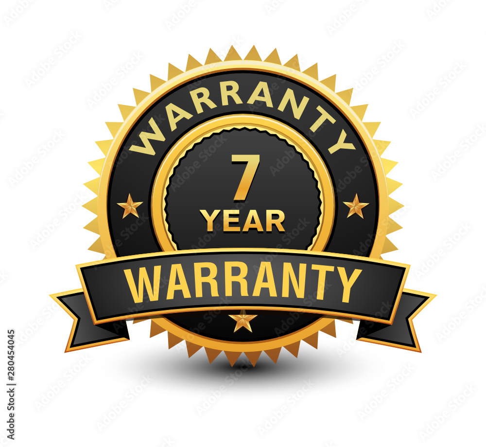 Heavy powerful 7 year warranty badge, seal, stamp, label with ribbon isolated on white background. Heavy powerful 7 year warranty badge, seal, stamp, label with ribbon isolated on white background.