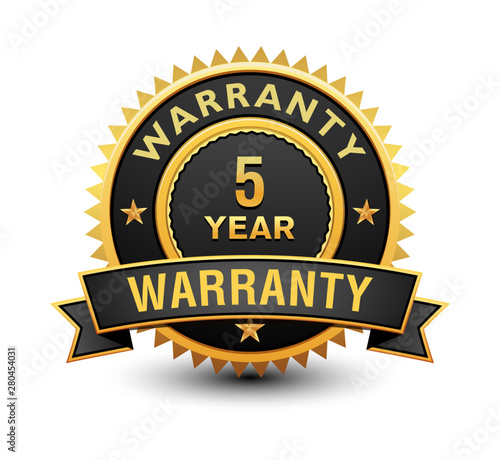 Heavy powerful 5 year warranty badge, seal, stamp, label with ribbon isolated on white background.