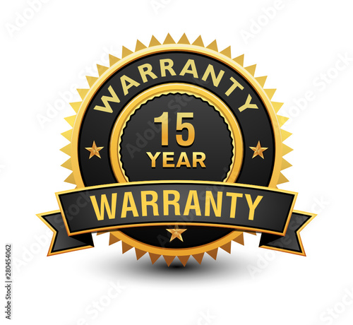 Heavy powerful 15 year warranty badge, seal, stamp, label with ribbon isolated on white background.