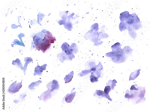 Watercolor splashes texture vector background. Hand drawn blue and purple blots drawing.