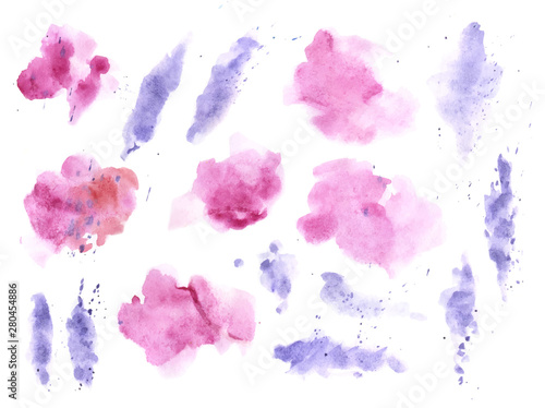 Watercolor splashes texture background. Hand drawn blue and purple blots drawing.