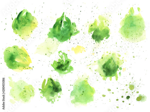 Green watercolor splash texture. Hand drawn yellow and green blots drawing vector art.