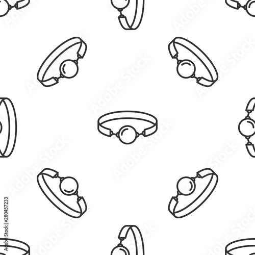 Grey Silicone ball gag with a leather belt icon isolated seamless pattern on white background. Fetish accessory. Sex toy for men and woman. Vector Illustration
