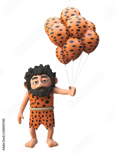 Savage caveman character in 3d with animal pelt party balloons, 3d illustration photo