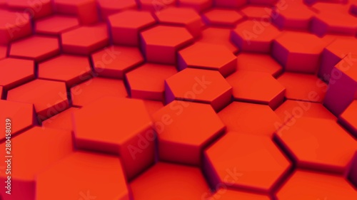 Red hexagonal motion background. 3d render of simple primitives with six angles in front