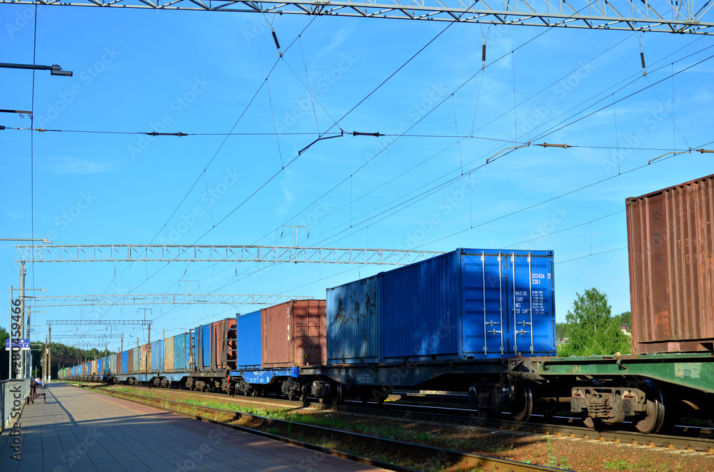 Freight train, transportation of railway cars by cargo containers shipping. Railway logistics concept - Image Freight train, transportation of railway cars by cargo containers shipping. Railway logistics concept - Image