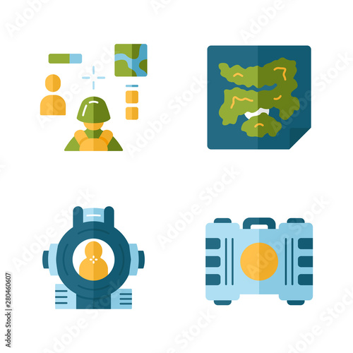 Online game inventory flat design long shadow color icons set. Esports, cybersports. Battle royale. Computer game equipment. Map, container, shooting aim, 3d shooter. Vector silhouette illustrations