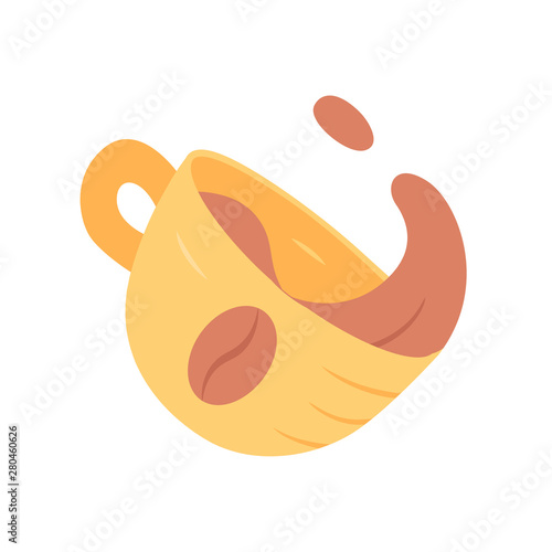 Coffee cup with splash flat design long shadow color icon. Brewed, breakfast drink. Bar, restaurant, cafeteria menu. Hot steaming coffee mug. Espresso, latte beverage. Vector silhouette illustration