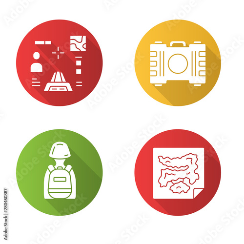Online game inventory flat design long shadow glyph icons set. Shooter from first person, container, tactical backpack, world map. Online multiplayer battle royale. Vector silhouette illustration