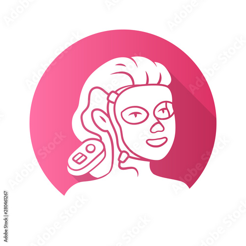 Therapy facial mask flat design long shadow glyph icon. Beauty device for home use. LED light therapy. Cosmetology instrument. Skin care. Acne removal. Vector silhouette illustration