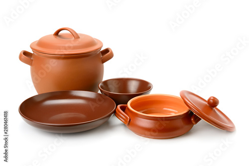 Clay pots, cup, bowls isolated on white