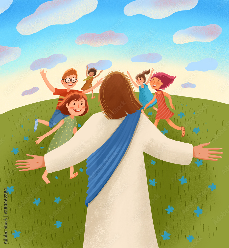 Jesus waits for children with open arms, children run to him with ...