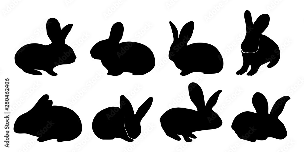 Set of silhouettes of rabbits, hares. Vector illustration. Animals in different poses. Elements of graphic design.