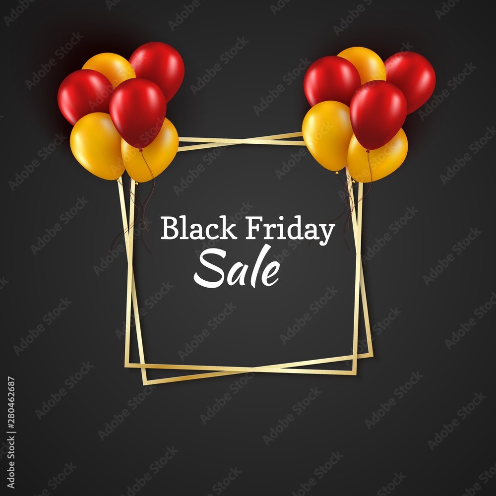 A square paper cut geometric frame in gold with a realistic bunch of red and  yellow balloons on black background. Vector greeting card Birthday or Black  Friday Sale concept. Stock Vector |