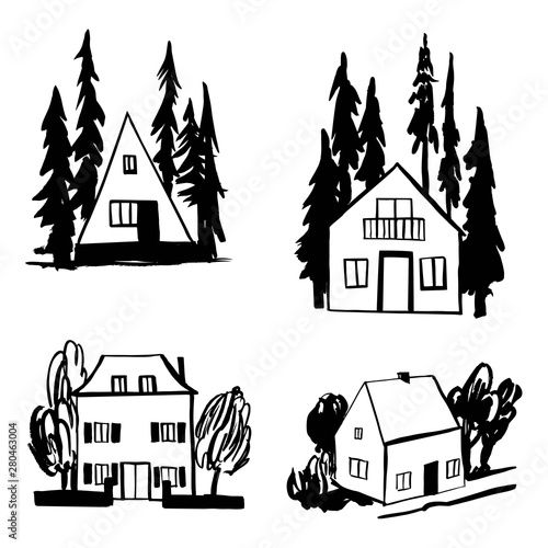 Hand drawn houses with trees. Vector sketch  illustration.