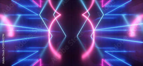 Futuristic Sci Fi Neon Glowing Lights Purple Blue Stage Night Club Construction Empty Background Grunge Concrete Reflective Tunnel Corridor Garage Gallery Underground 3D Rendering © IM_VISUALS