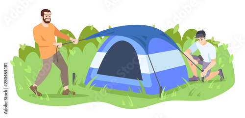 Men setting up camp flat vector illustration