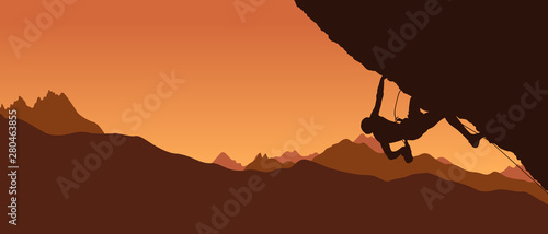 Black silhouette of a climber on a cliff with mountains as a background. Vector illustration