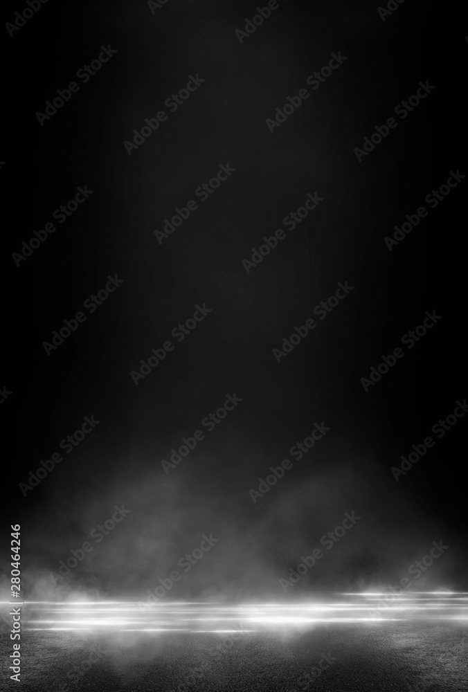 Wet asphalt, reflection of neon lights, a searchlight, smoke. Abstract light in a dark empty street with smoke, smog. Dark background scene of empty street, night view, night city. Wet asphalt, reflection of neon lights, a searchlight, smoke. Abstract light in a dark empty street with smoke, smog. Dark background scene of empty street, night view, night city.