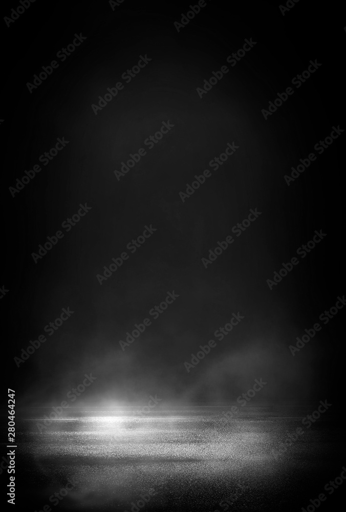 Wet asphalt, reflection of neon lights, a searchlight, smoke. Abstract light in a dark empty street with smoke, smog. Dark background scene of empty street, night view, night city. Wet asphalt, reflection of neon lights, a searchlight, smoke. Abstract light in a dark empty street with smoke, smog. Dark background scene of empty street, night view, night city.